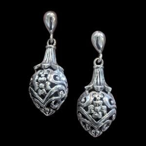 Sterling Silver Earrings Egg Shaped Dangle Drop Floral Filigree Pierced 925